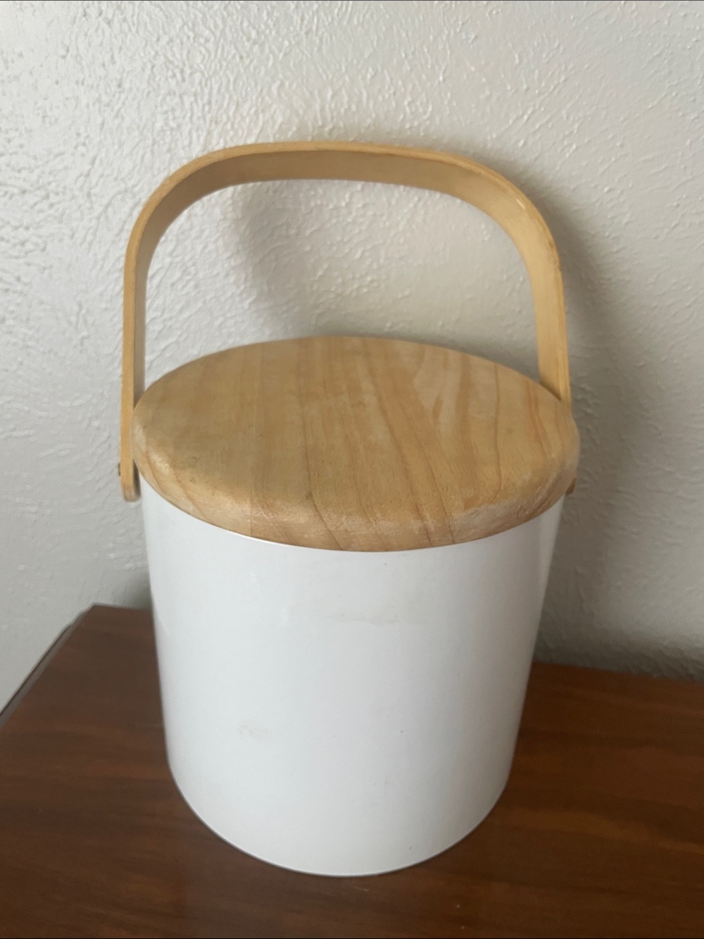 Wood-Lid White Storage Canister with Handle